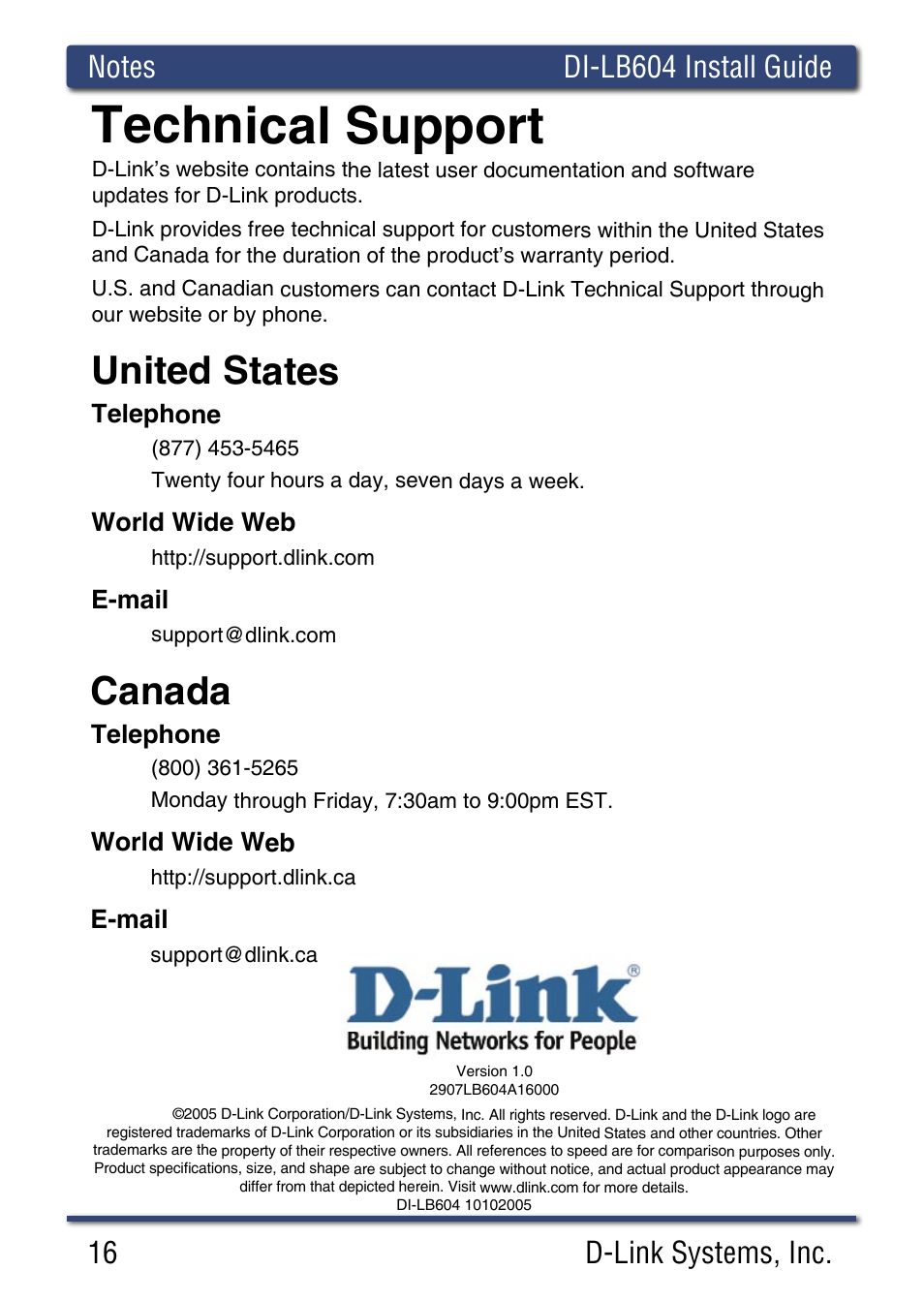 Technical support, United states, Canada | D-Link DI-LB60 User Manual | Page 16 / 16