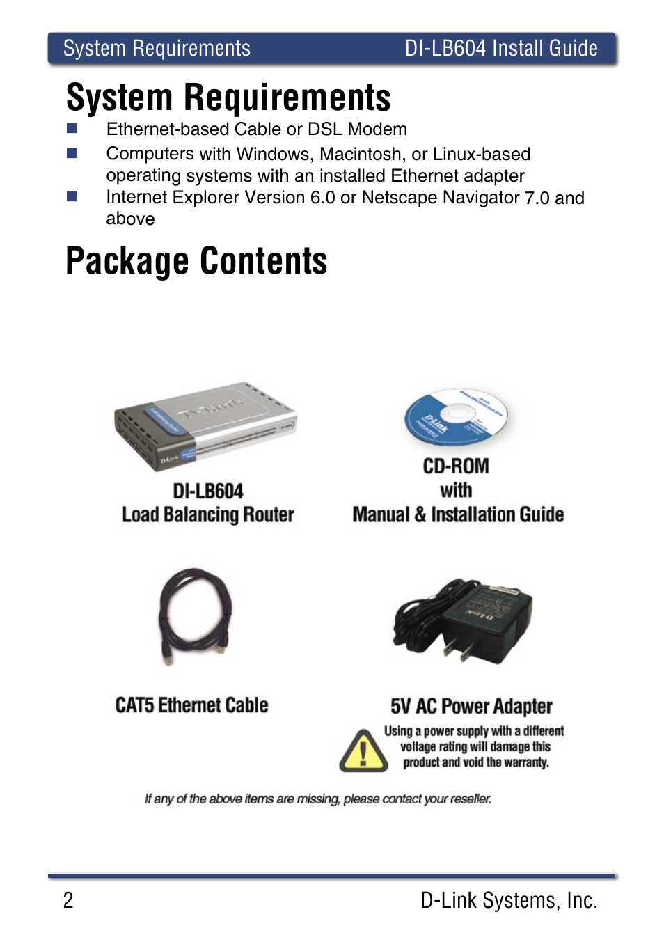 System requirements, Package contents | D-Link DI-LB60 User Manual | Page 2 / 16