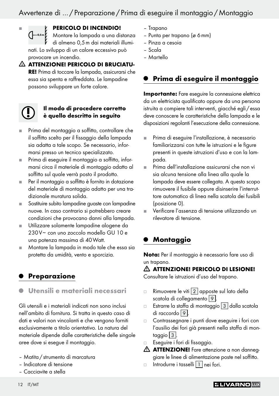 Preparazione, Utensili e materiali necessari, Prima di eseguire il montaggio | Montaggio | Livarno Z30759 User Manual | Page 12 / 33