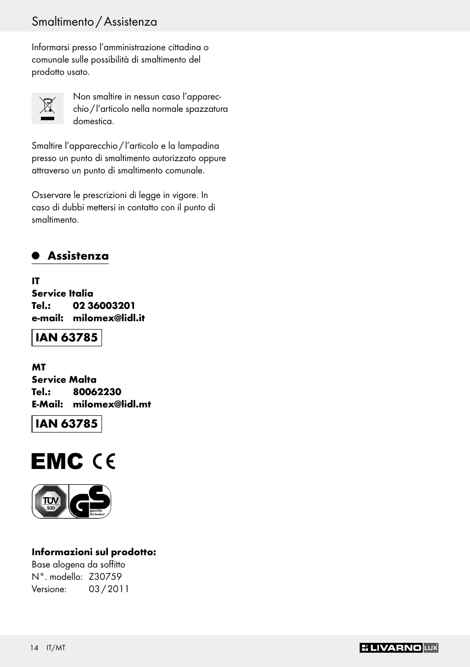 Smaltimento / assistenza | Livarno Z30759 User Manual | Page 14 / 33