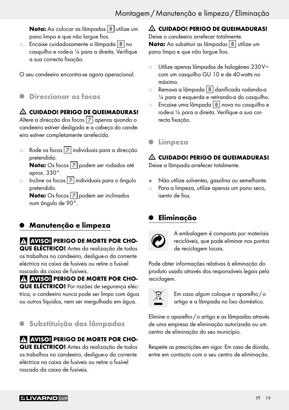 Montagem / manutenção e limpeza / eliminação, Direccionar os focos, Manutenção e limpeza | Substituição das lâmpadas, Limpeza, Eliminação | Livarno Z30759 User Manual | Page 19 / 33