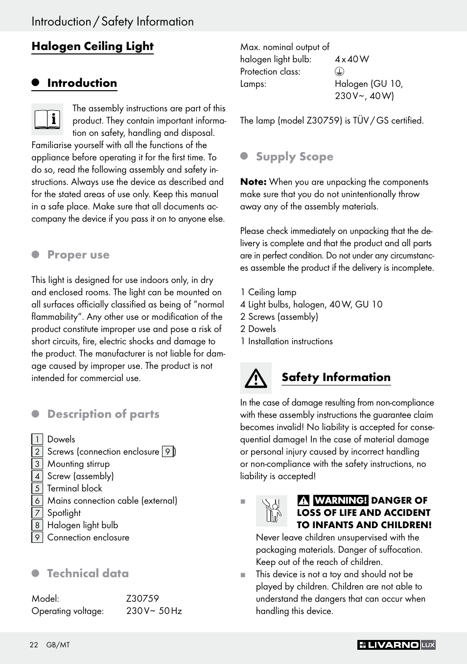 Introduction / safety information, Halogen ceiling light, Introduction | Proper use, Description of parts, Technical data, Supply scope, Safety information | Livarno Z30759 User Manual | Page 22 / 33