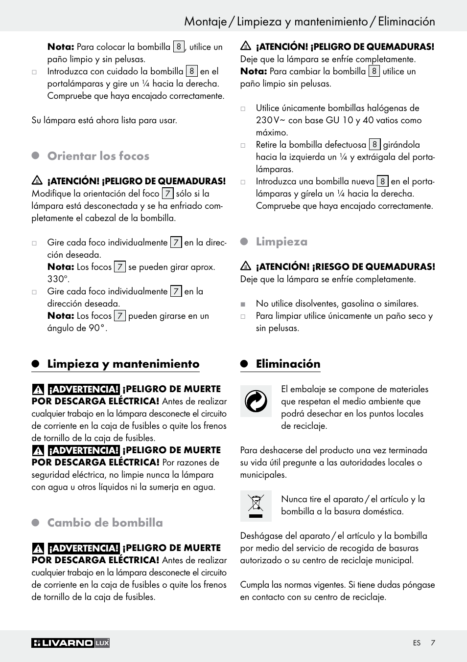 Montaje / limpieza y mantenimiento / eliminación, Orientar los focos, Limpieza y mantenimiento | Cambio de bombilla, Limpieza, Eliminación | Livarno Z30759 User Manual | Page 7 / 33