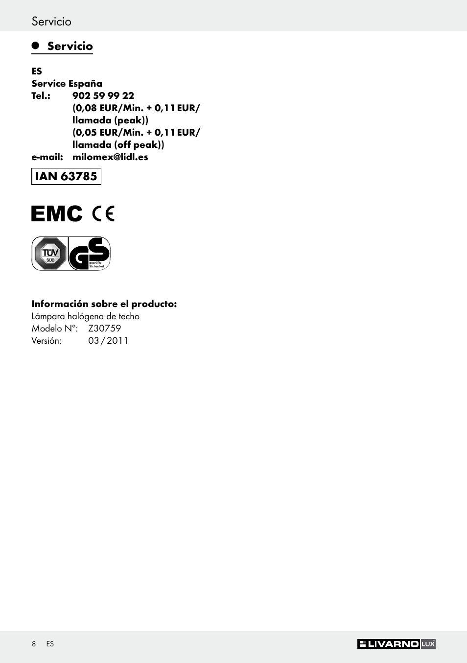 Servicio | Livarno Z30759 User Manual | Page 8 / 33