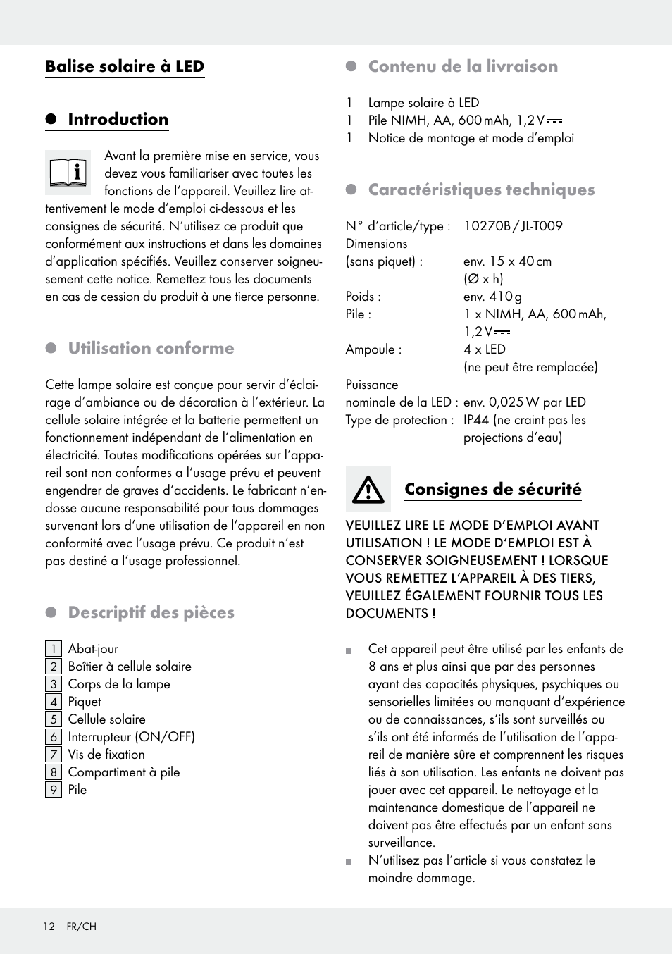 Balise solaire à led introduction, Utilisation conforme, Descriptif des pièces | Contenu de la livraison, Caractéristiques techniques, Consignes de sécurité | Livarno 10270B/ JL-T009 User Manual | Page 12 / 29