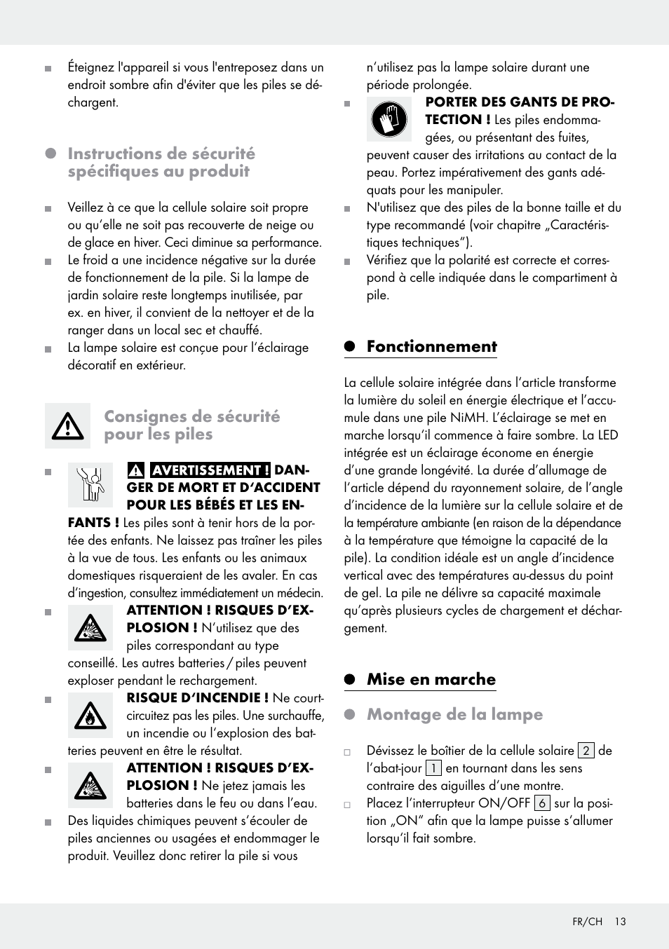 Instructions de sécurité spécifiques au produit, Consignes de sécurité pour les piles, Fonctionnement | Mise en marche montage de la lampe | Livarno 10270B/ JL-T009 User Manual | Page 13 / 29