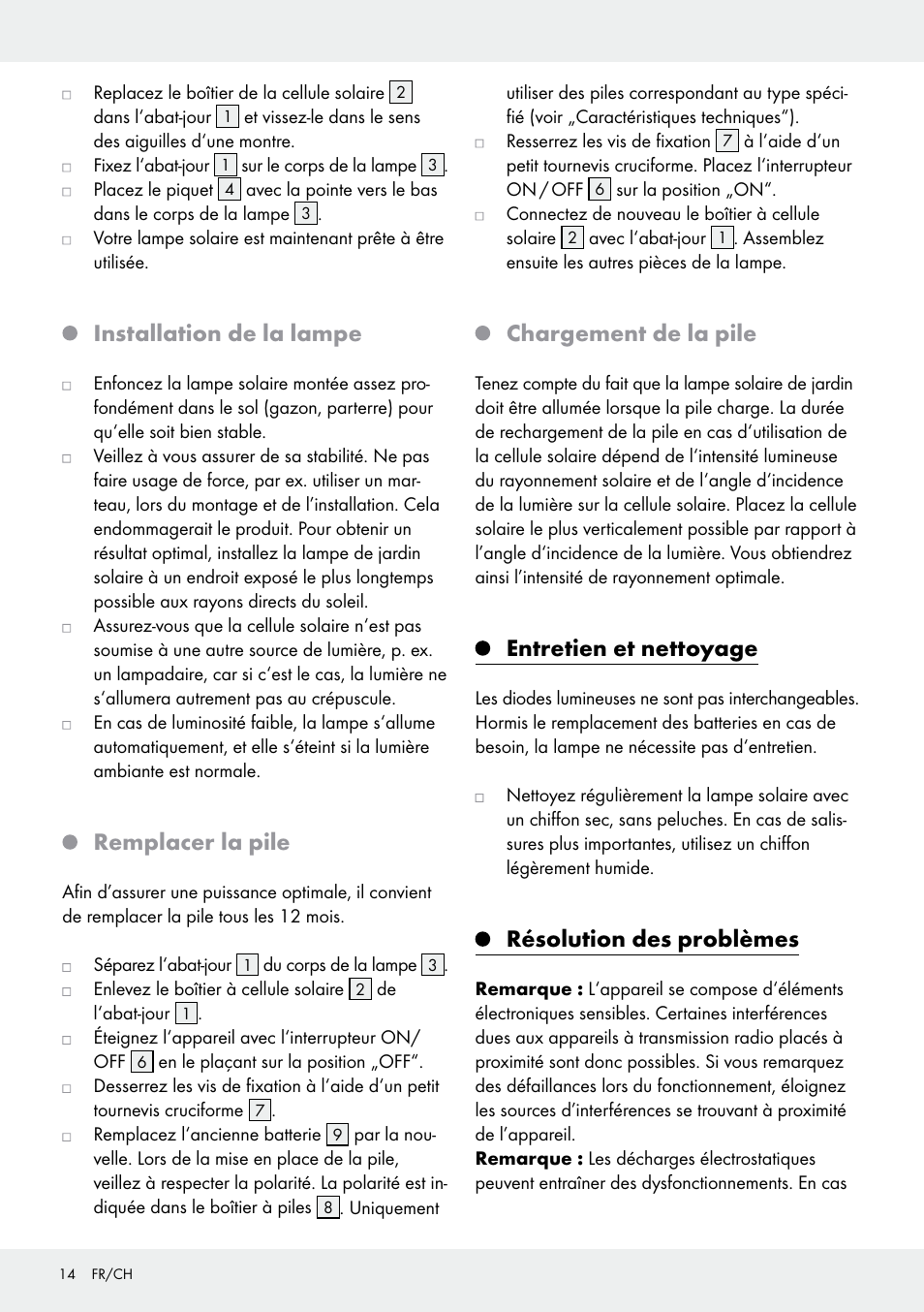 Installation de la lampe, Remplacer la pile, Chargement de la pile | Entretien et nettoyage, Résolution des problèmes | Livarno 10270B/ JL-T009 User Manual | Page 14 / 29