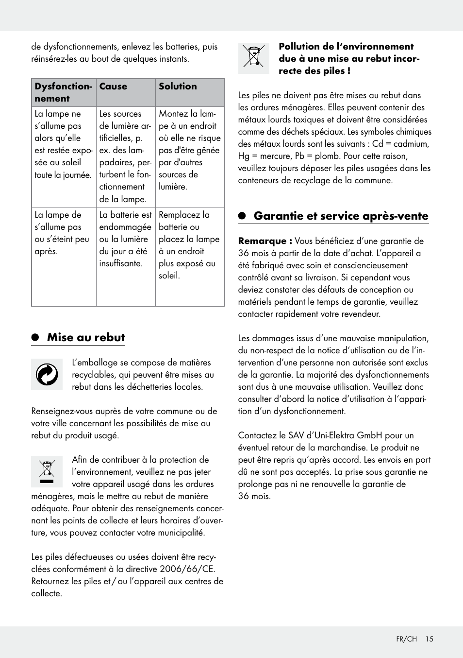 Mise au rebut, Garantie et service après-vente | Livarno 10270B/ JL-T009 User Manual | Page 15 / 29