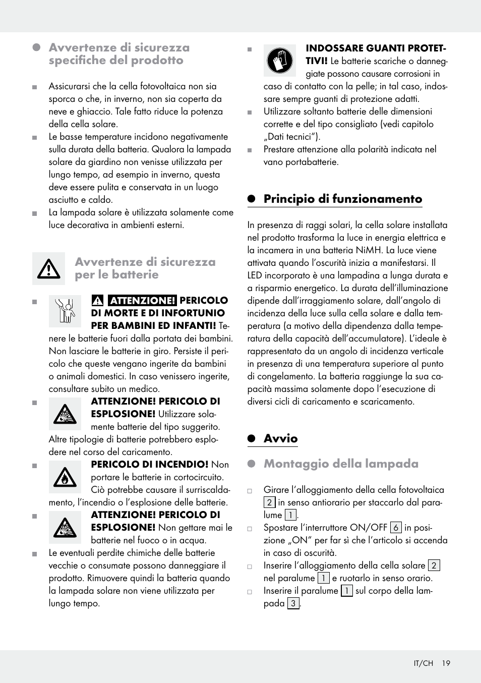 Avvertenze di sicurezza specifiche del prodotto, Avvertenze di sicurezza per le batterie, Principio di funzionamento | Avvio montaggio della lampada | Livarno 10270B/ JL-T009 User Manual | Page 19 / 29