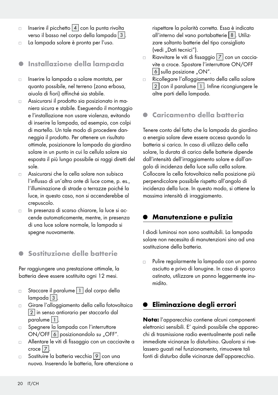 Installazione della lampada, Sostituzione delle batterie, Caricamento della batteria | Manutenzione e pulizia, Eliminazione degli errori | Livarno 10270B/ JL-T009 User Manual | Page 20 / 29