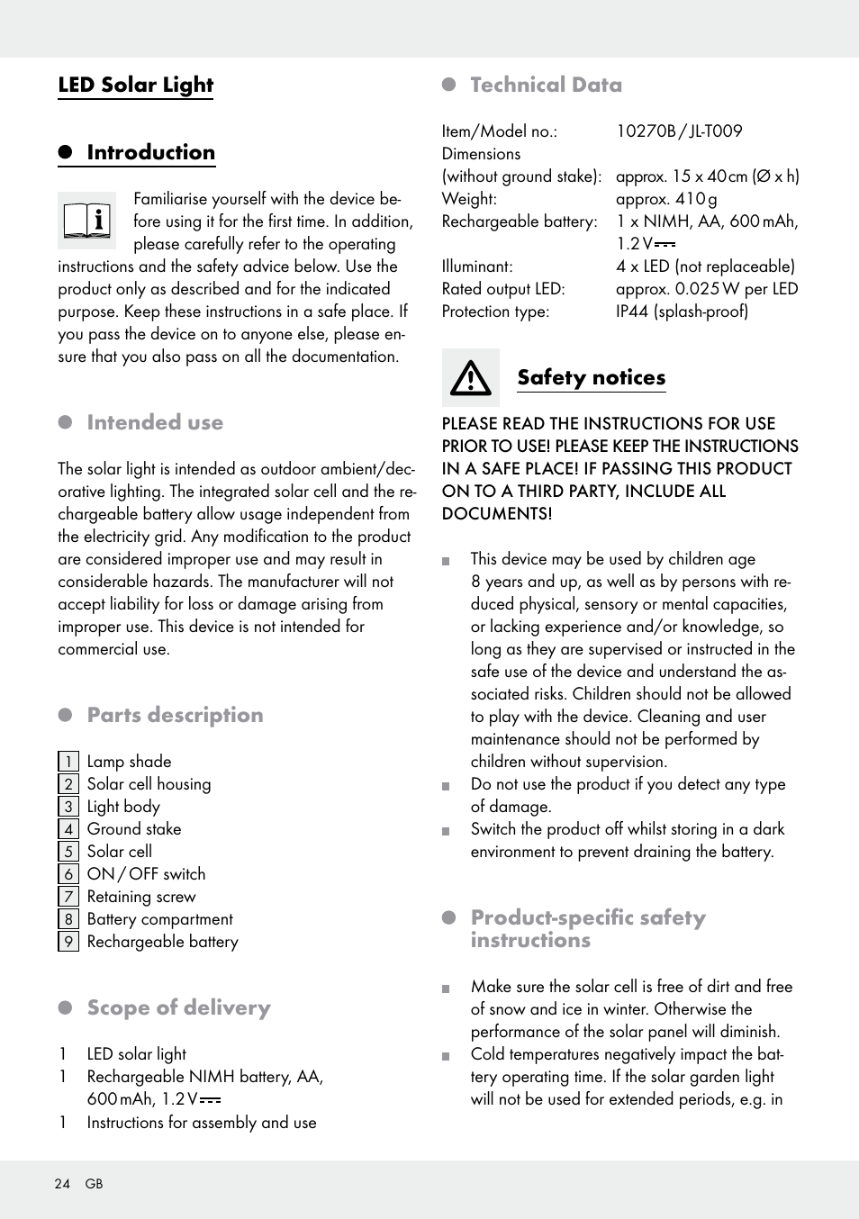 Led solar light introduction, Intended use, Parts description | Scope of delivery, Technical data, Safety notices, Product-specific safety instructions | Livarno 10270B/ JL-T009 User Manual | Page 24 / 29