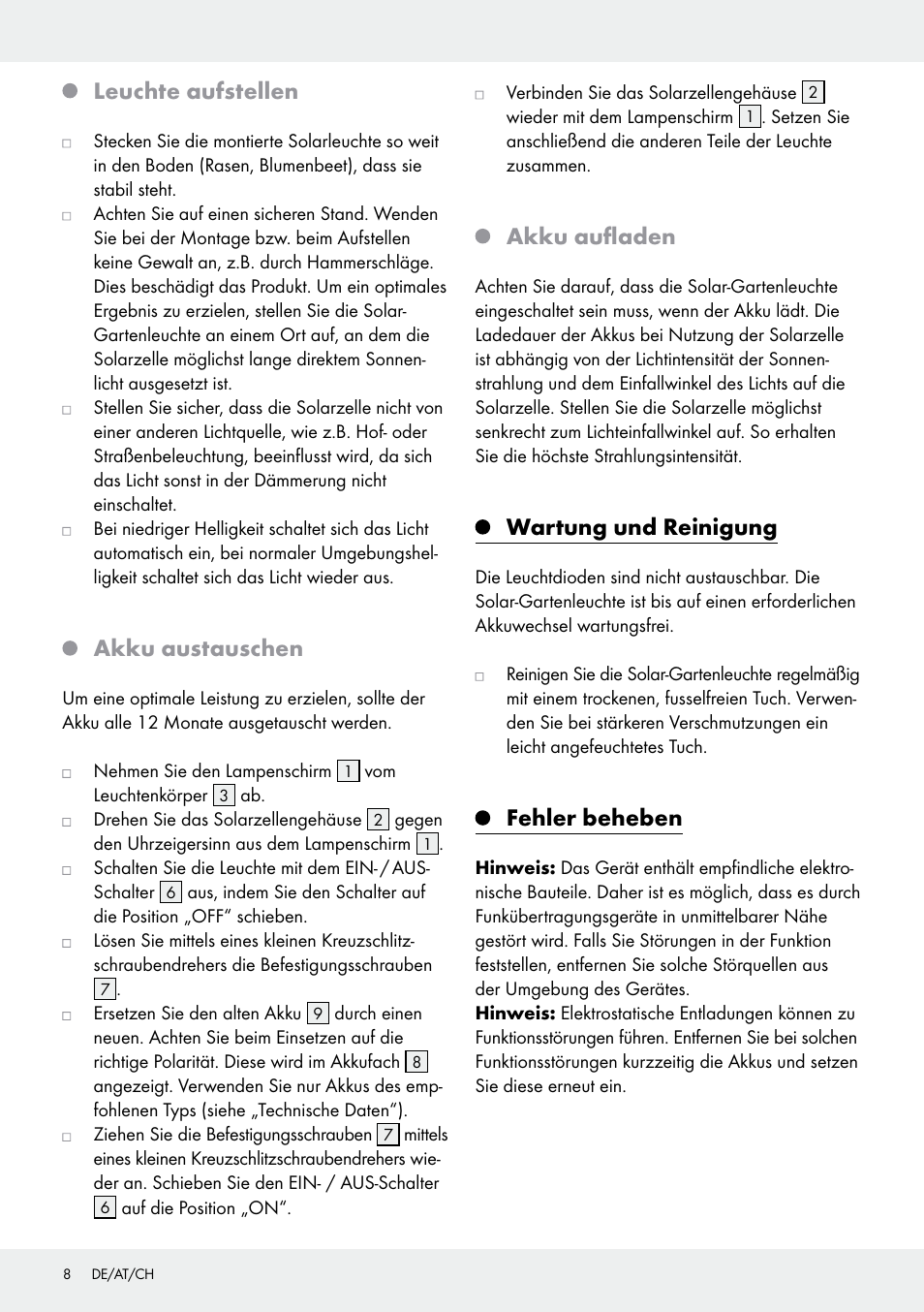 Leuchte aufstellen, Akku austauschen, Akku aufladen | Wartung und reinigung, Fehler beheben | Livarno 10270B/ JL-T009 User Manual | Page 8 / 29