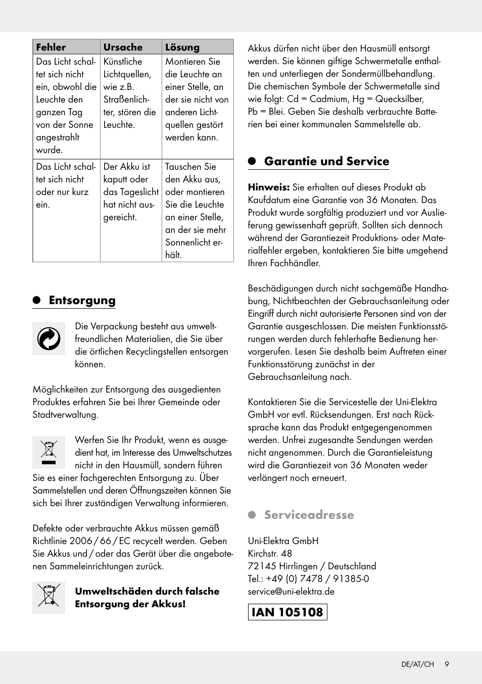 Entsorgung, Garantie und service, Serviceadresse | Livarno 10270B/ JL-T009 User Manual | Page 9 / 29