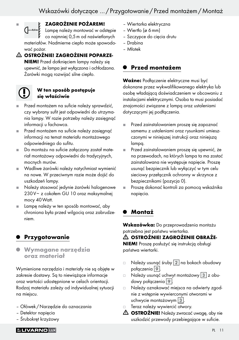 Przygotowanie, Wymagane narzędzia oraz materiał, Przed montażem | Montaż | Livarno Z30759 User Manual | Page 11 / 44