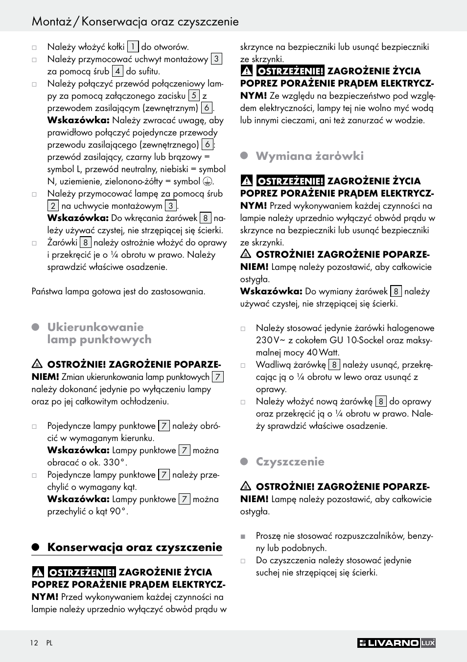 Montaż / konserwacja oraz czyszczenie, Ukierunkowanie lamp punktowych, Konserwacja oraz czyszczenie | Wymiana żarόwki, Czyszczenie | Livarno Z30759 User Manual | Page 12 / 44