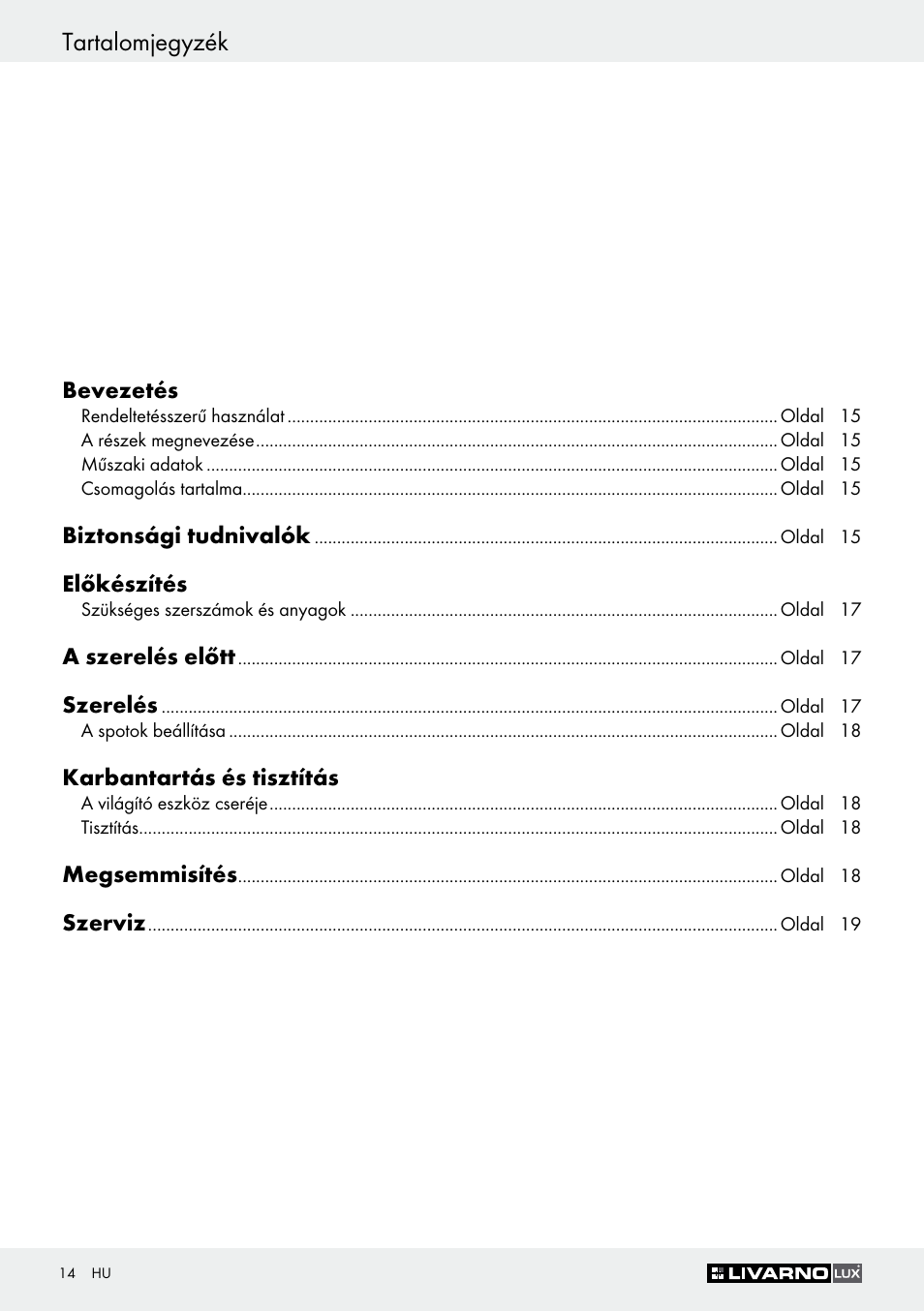 Tartalomjegyzék | Livarno Z30759 User Manual | Page 14 / 44