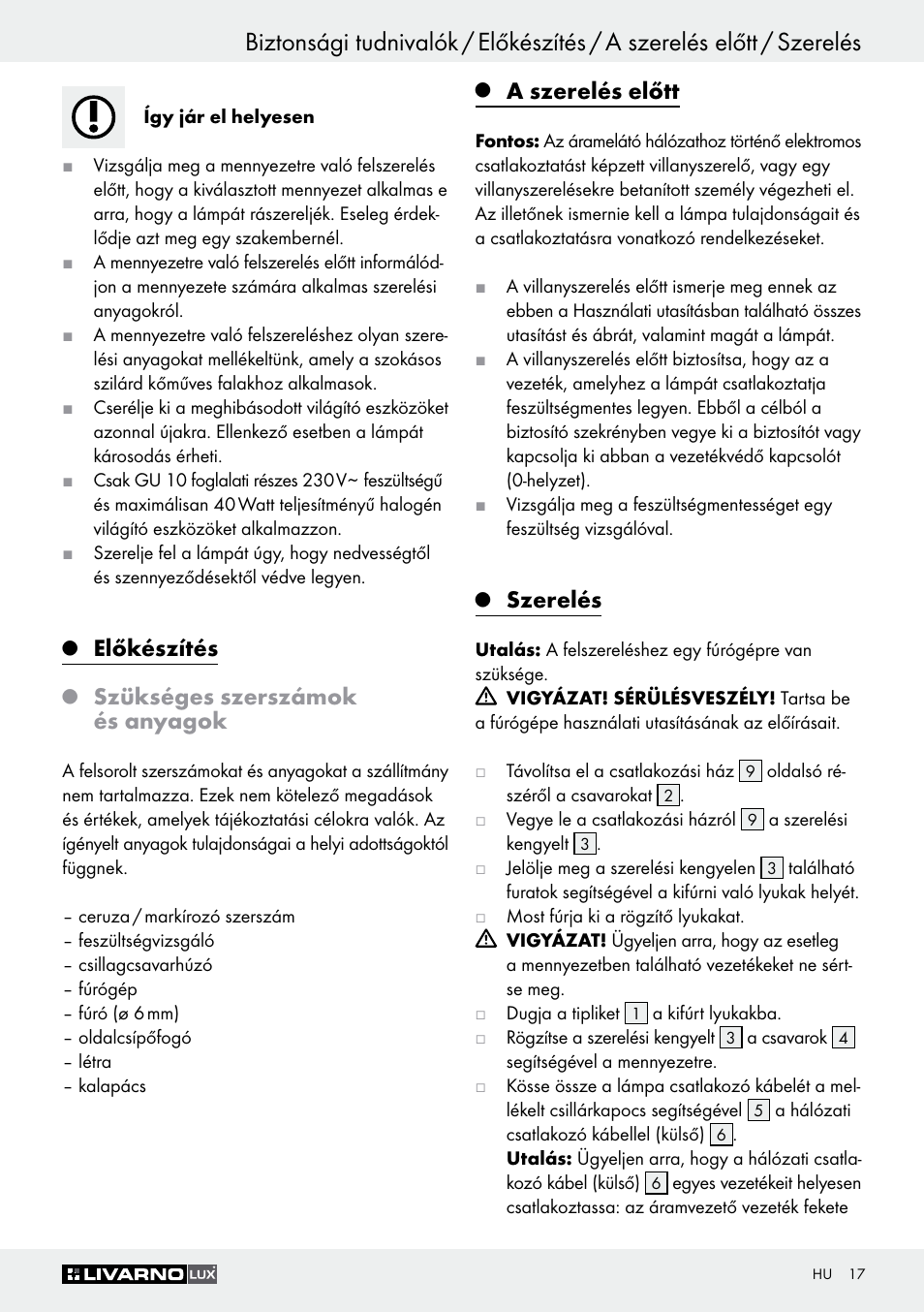 Előkészítés, Szükséges szerszámok és anyagok, A szerelés előtt | Szerelés | Livarno Z30759 User Manual | Page 17 / 44