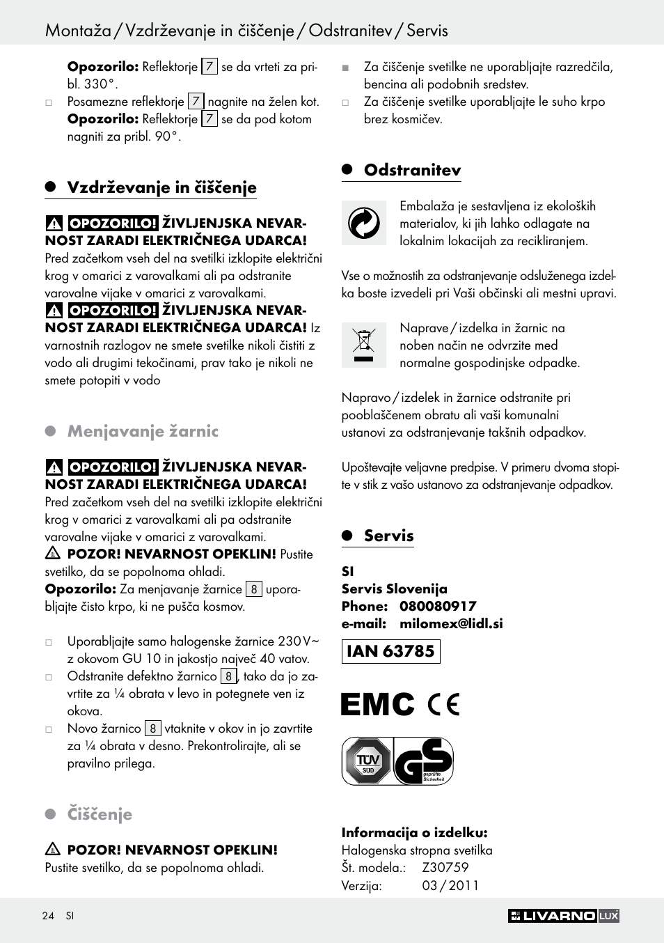 Vzdrževanje in čiščenje, Menjavanje žarnic, Čiščenje | Odstranitev, Servis | Livarno Z30759 User Manual | Page 24 / 44