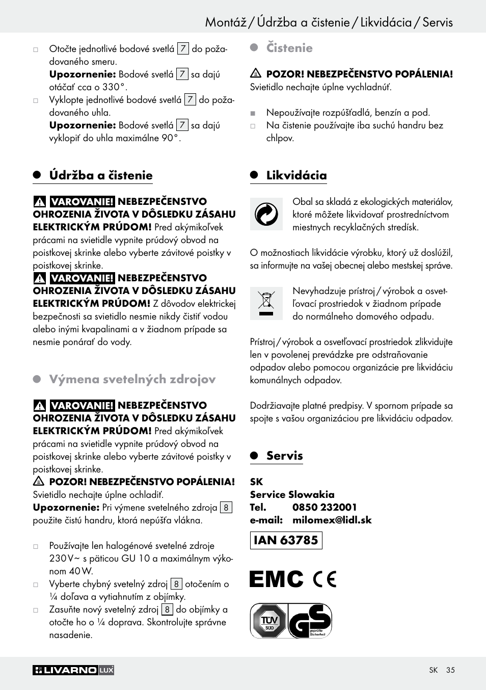 Montáž / údržba a čistenie / likvidácia / servis, Údržba a čistenie, Výmena svetelných zdrojov | Čistenie, Likvidácia, Servis | Livarno Z30759 User Manual | Page 35 / 44