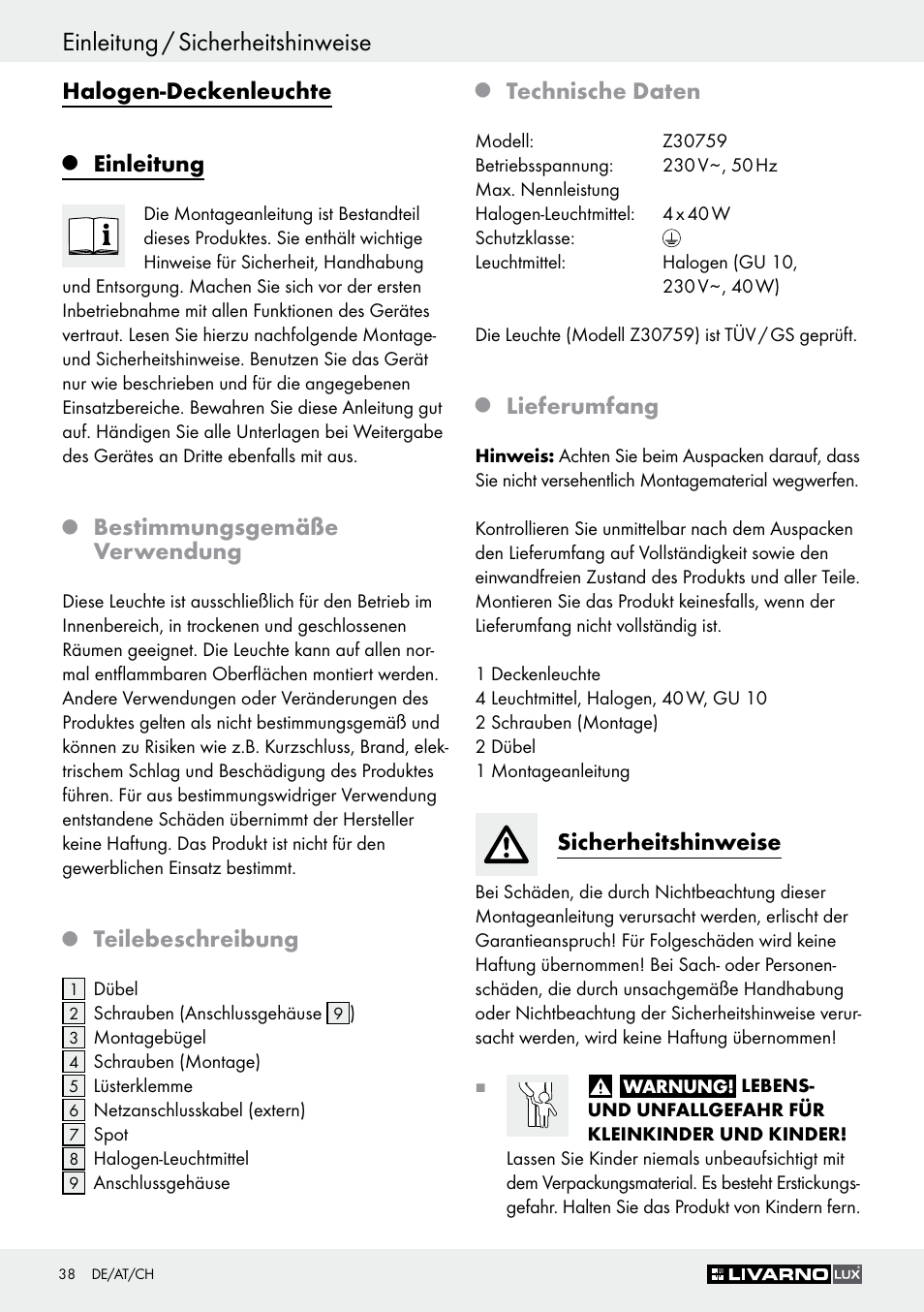 Einleitung / sicherheitshinweise, Halogen-deckenleuchte, Einleitung | Bestimmungsgemäße verwendung, Teilebeschreibung, Technische daten, Lieferumfang, Sicherheitshinweise | Livarno Z30759 User Manual | Page 38 / 44