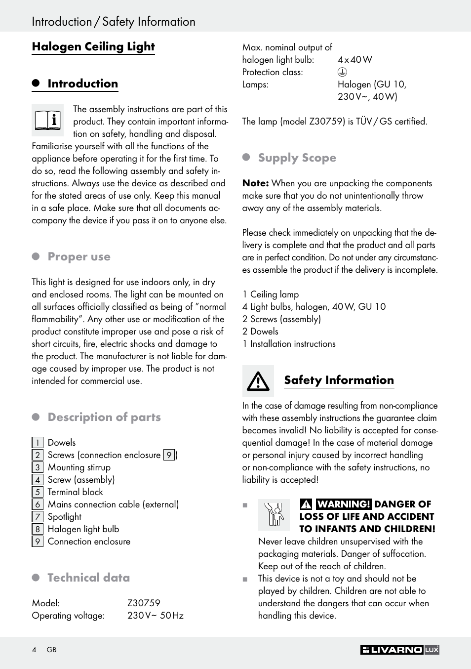 Introduction / safety information, Halogen ceiling light, Introduction | Proper use, Description of parts, Technical data, Supply scope, Safety information | Livarno Z30759 User Manual | Page 4 / 44