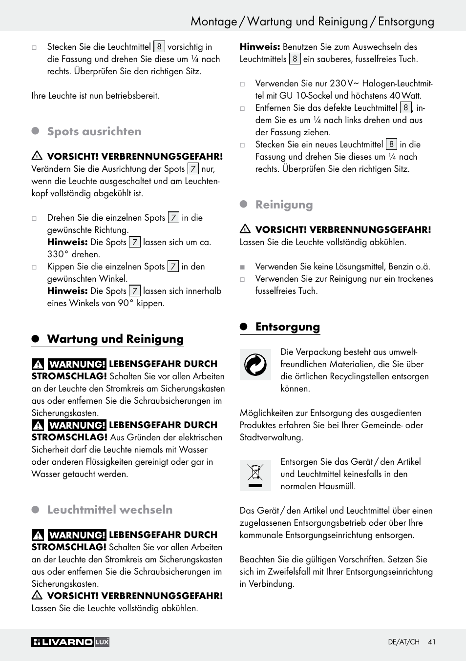 Montage / wartung und reinigung / entsorgung, Spots ausrichten, Wartung und reinigung | Leuchtmittel wechseln, Reinigung, Entsorgung | Livarno Z30759 User Manual | Page 41 / 44