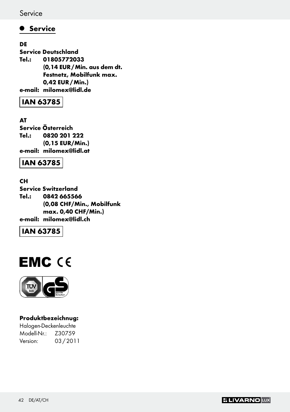 Service | Livarno Z30759 User Manual | Page 42 / 44