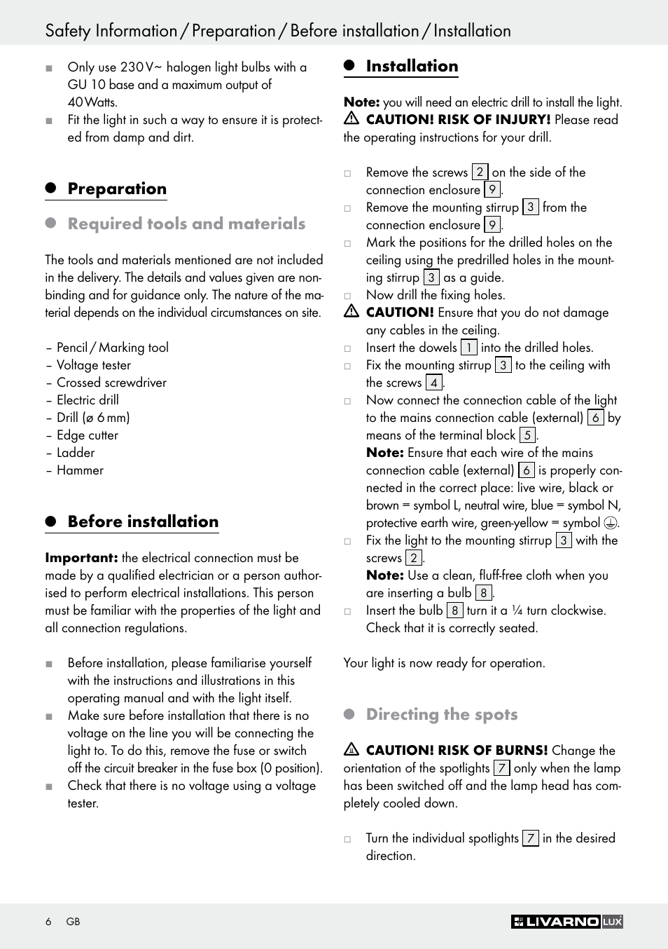 Preparation, Required tools and materials, Before installation | Installation, Directing the spots | Livarno Z30759 User Manual | Page 6 / 44