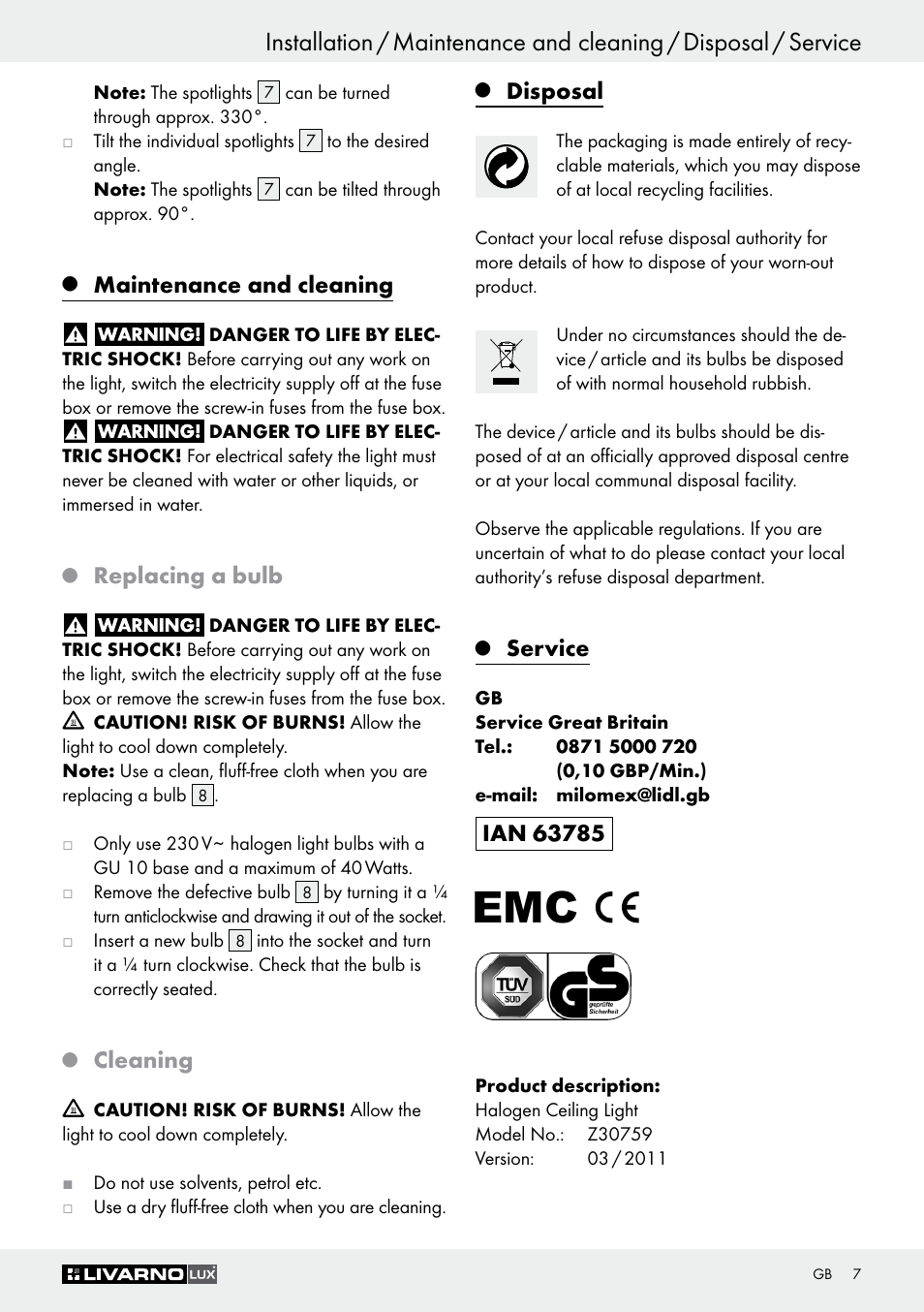 Maintenance and cleaning, Replacing a bulb, Cleaning | Disposal, Service | Livarno Z30759 User Manual | Page 7 / 44