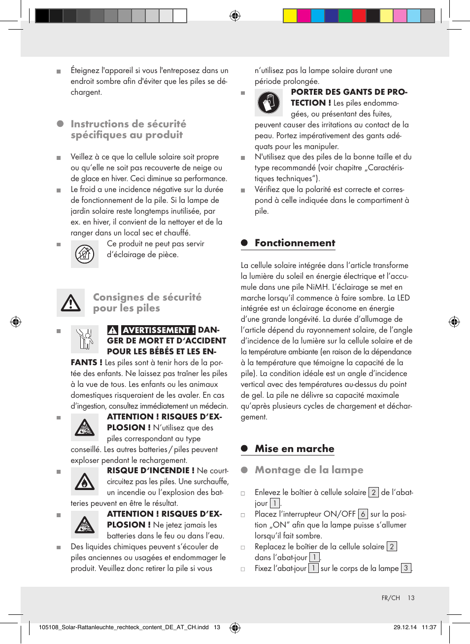 Instructions de sécurité spécifiques au produit, Consignes de sécurité pour les piles, Fonctionnement | Mise en marche montage de la lampe | Livarno 10270A/ JL-T008 User Manual | Page 13 / 29