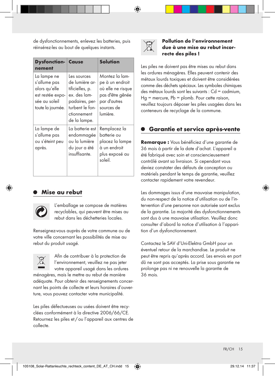 Mise au rebut, Garantie et service après-vente | Livarno 10270A/ JL-T008 User Manual | Page 15 / 29