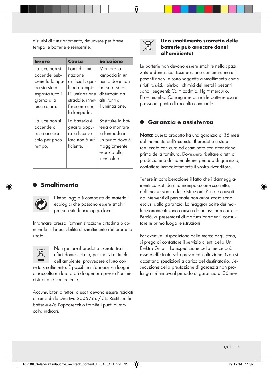 Smaltimento, Garanzia e assistenza | Livarno 10270A/ JL-T008 User Manual | Page 21 / 29