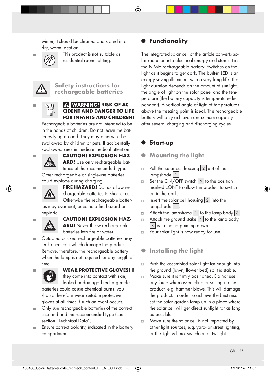 Safety instructions for rechargeable batteries, Functionality, Start-up mounting the light | Installing the light | Livarno 10270A/ JL-T008 User Manual | Page 25 / 29