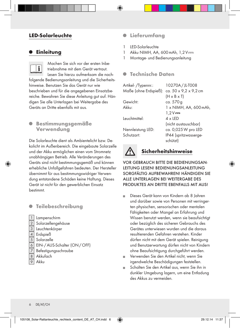 Led-solarleuchte einleitung, Bestimmungsgemäße verwendung, Teilebeschreibung | Lieferumfang, Technische daten, Sicherheitshinweise | Livarno 10270A/ JL-T008 User Manual | Page 6 / 29