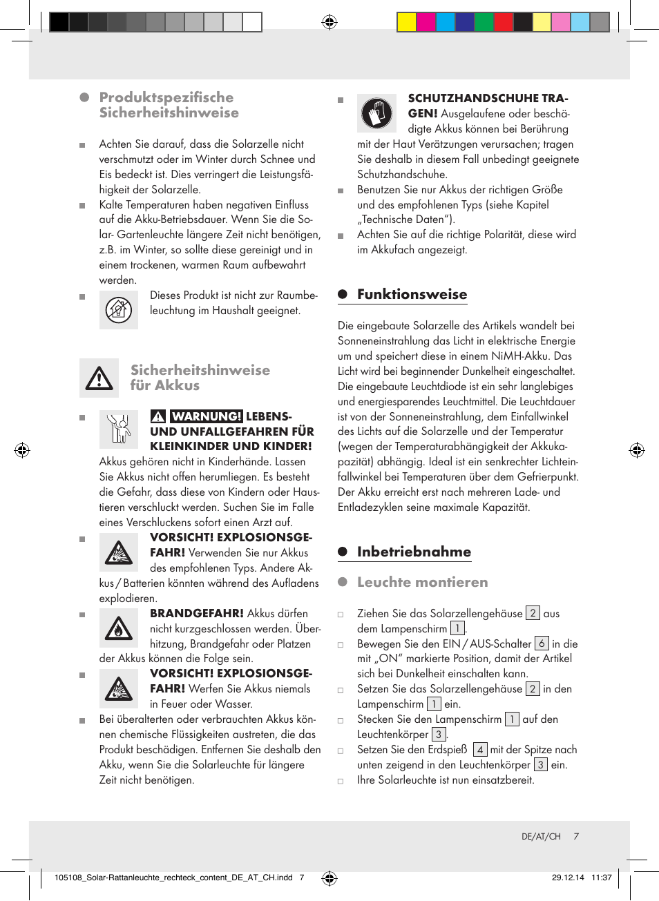 Produktspezifische sicherheitshinweise, Sicherheitshinweise für akkus, Funktionsweise | Inbetriebnahme leuchte montieren | Livarno 10270A/ JL-T008 User Manual | Page 7 / 29