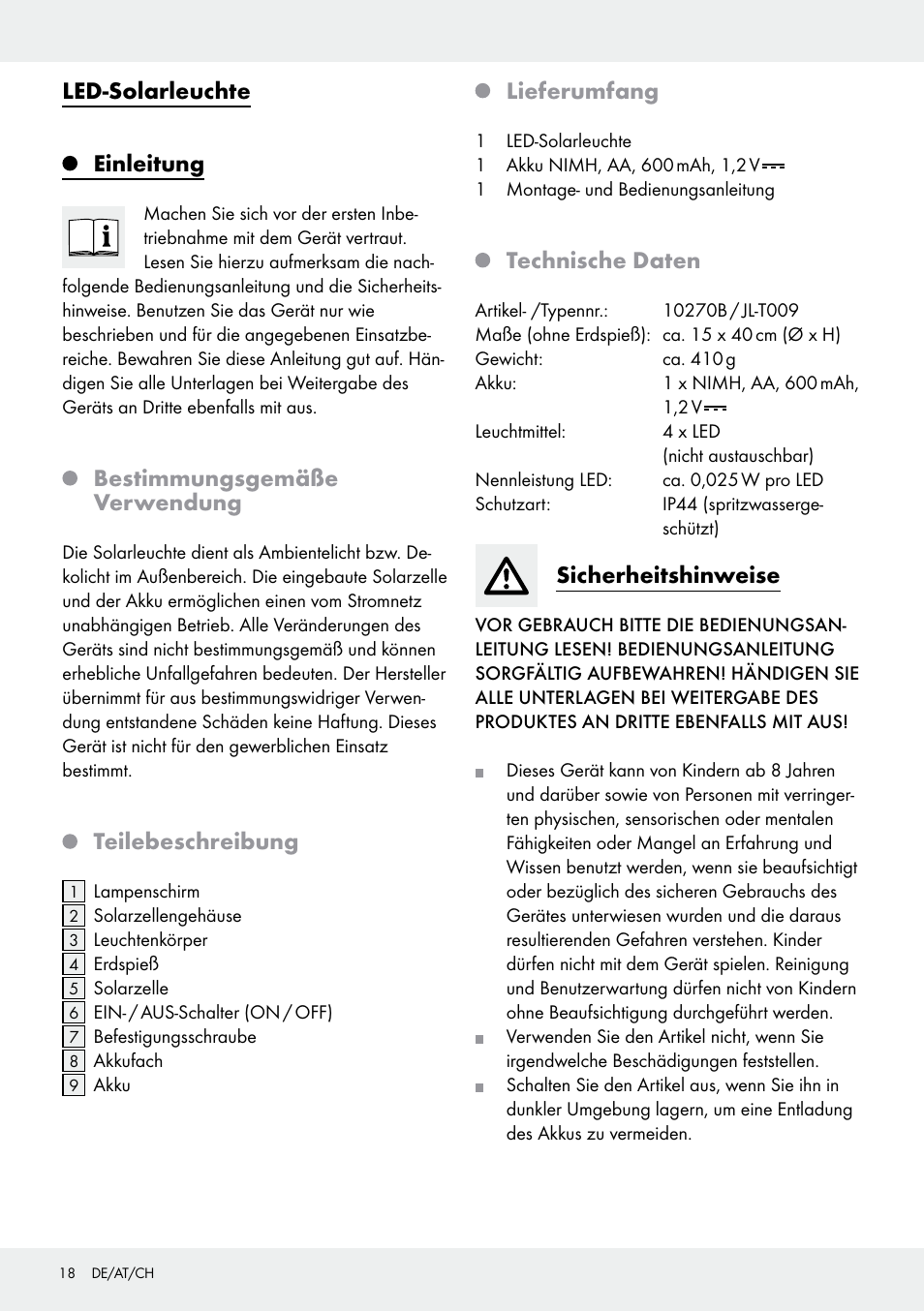 Led-solarleuchte einleitung, Bestimmungsgemäße verwendung, Teilebeschreibung | Lieferumfang, Technische daten, Sicherheitshinweise | Livarno 10270B/ JL-T009 User Manual | Page 18 / 25