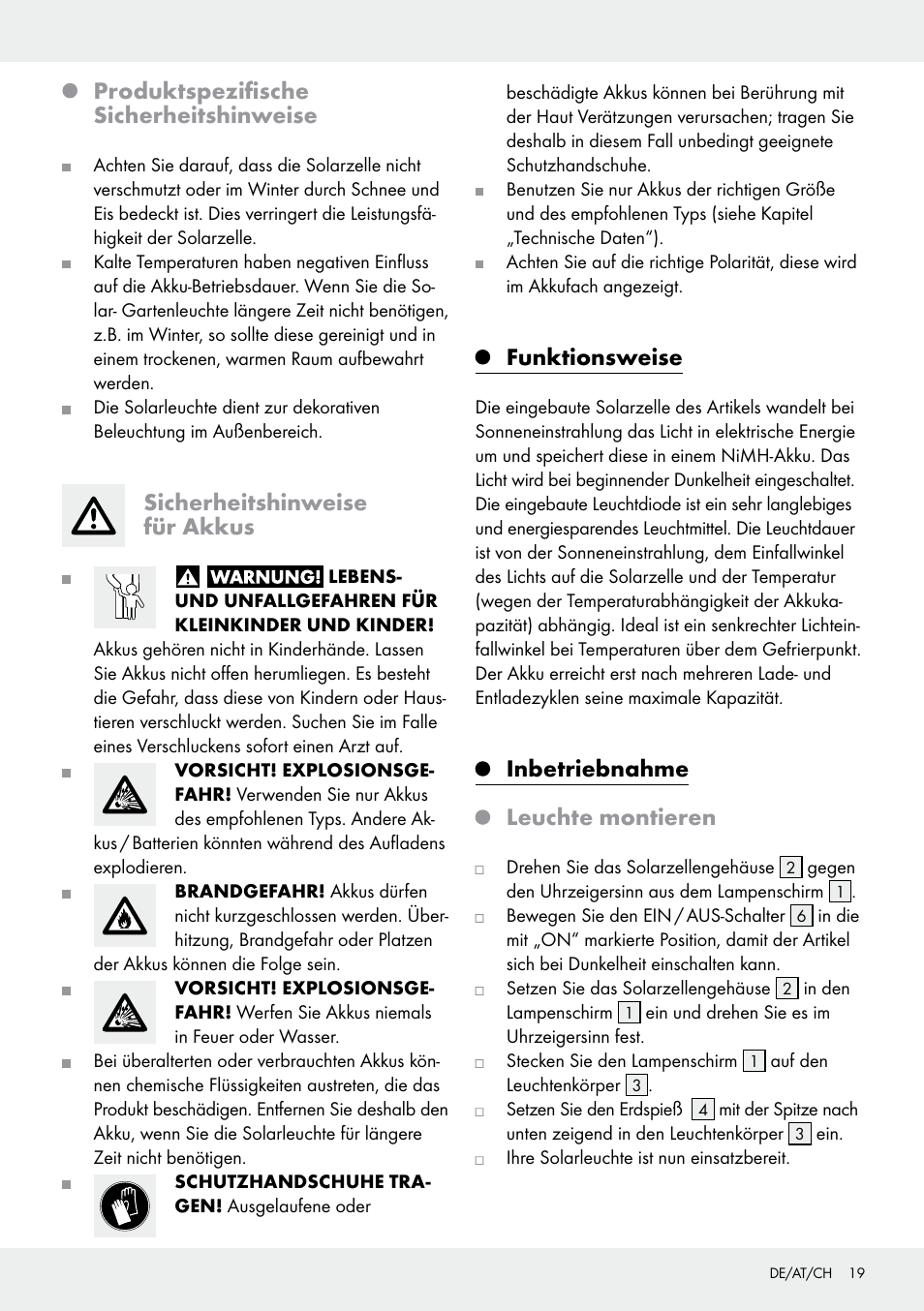 Produktspezifische sicherheitshinweise, Sicherheitshinweise für akkus, Funktionsweise | Inbetriebnahme leuchte montieren | Livarno 10270B/ JL-T009 User Manual | Page 19 / 25