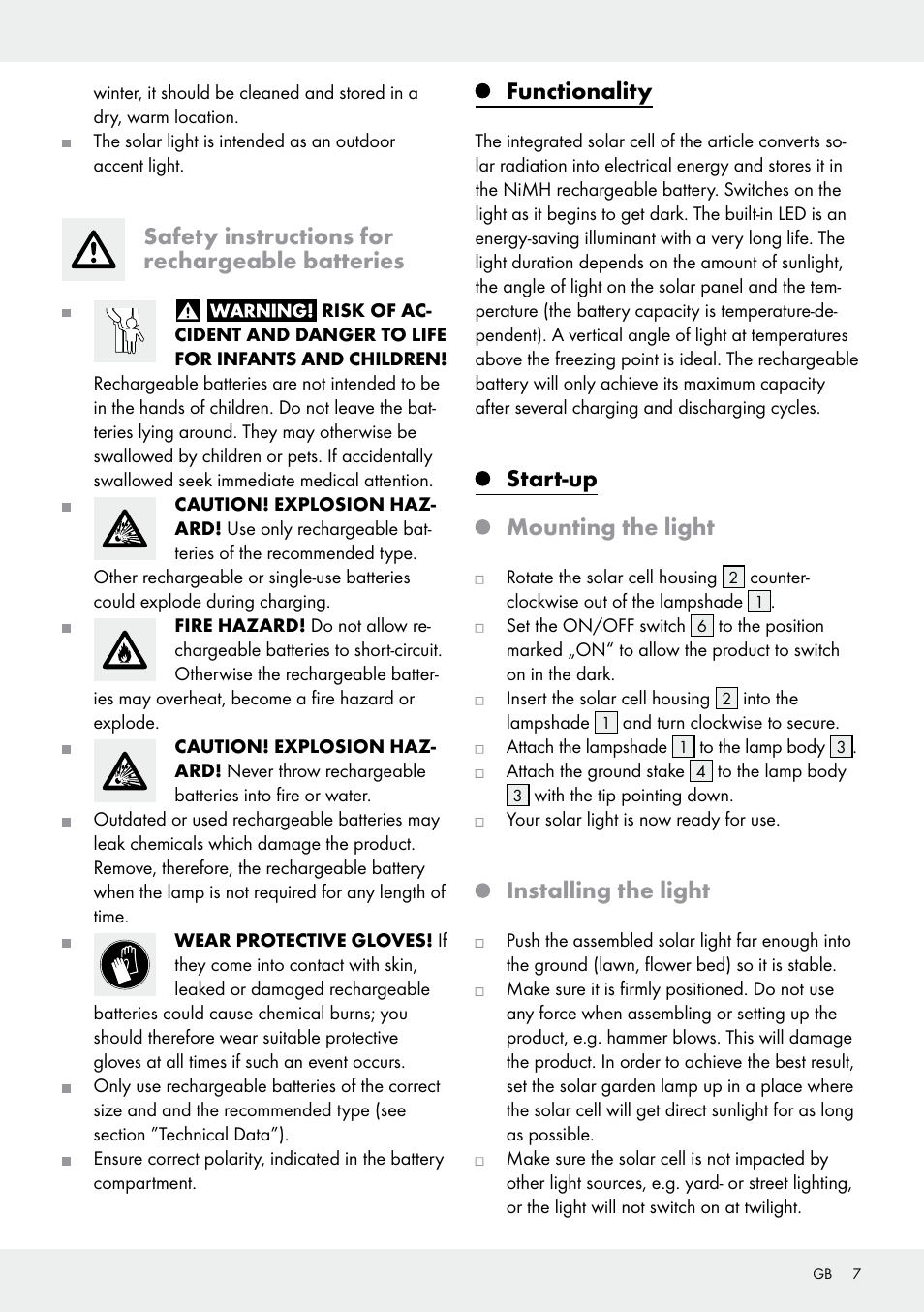 Safety instructions for rechargeable batteries, Functionality, Start-up mounting the light | Installing the light | Livarno 10270B/ JL-T009 User Manual | Page 7 / 25