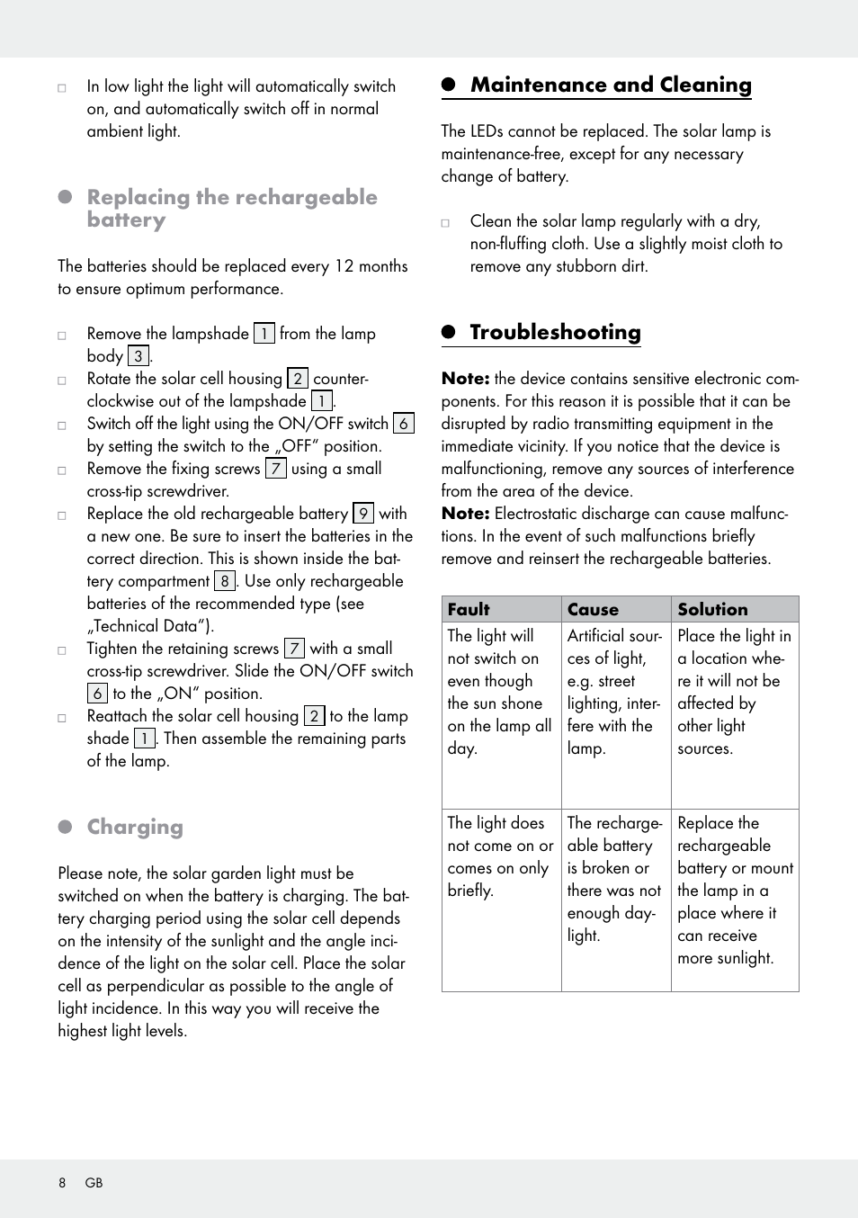 Replacing the rechargeable battery, Charging, Maintenance and cleaning | Troubleshooting | Livarno 10270B/ JL-T009 User Manual | Page 8 / 25