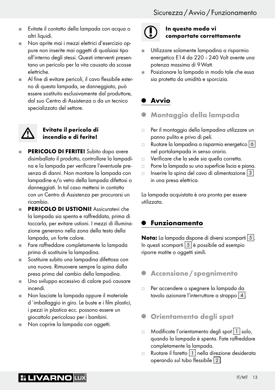 Sicurezza / avvio / funzionamento, Avvio, Montaggio della lampada | Funzionamento, Accensione / spegnimento, Orientamento degli spot | Livarno 7594-010L User Manual | Page 13 / 33