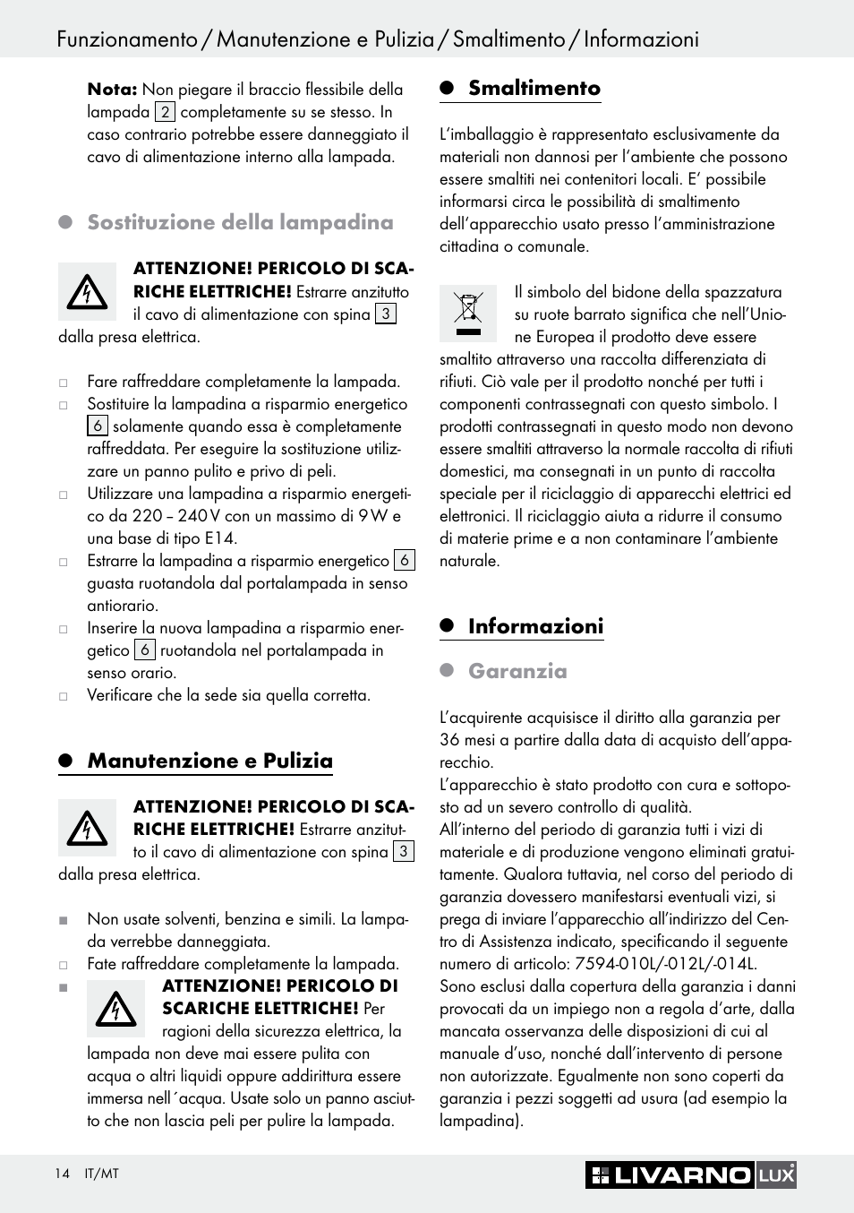 Sostituzione della lampadina, Manutenzione e pulizia, Smaltimento | Informazioni, Garanzia | Livarno 7594-010L User Manual | Page 14 / 33