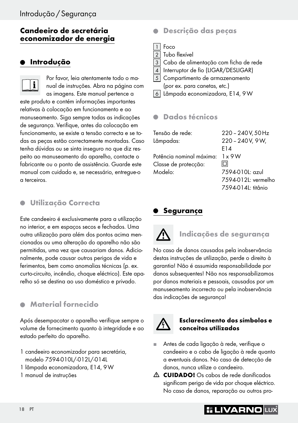 Introdução / segurança, Candeeiro de secretária economizador de energia, Introdução | Utilização correcta, Material fornecido, Descrição das peças, Dados técnicos, Segurança indicações de segurança | Livarno 7594-010L User Manual | Page 18 / 33