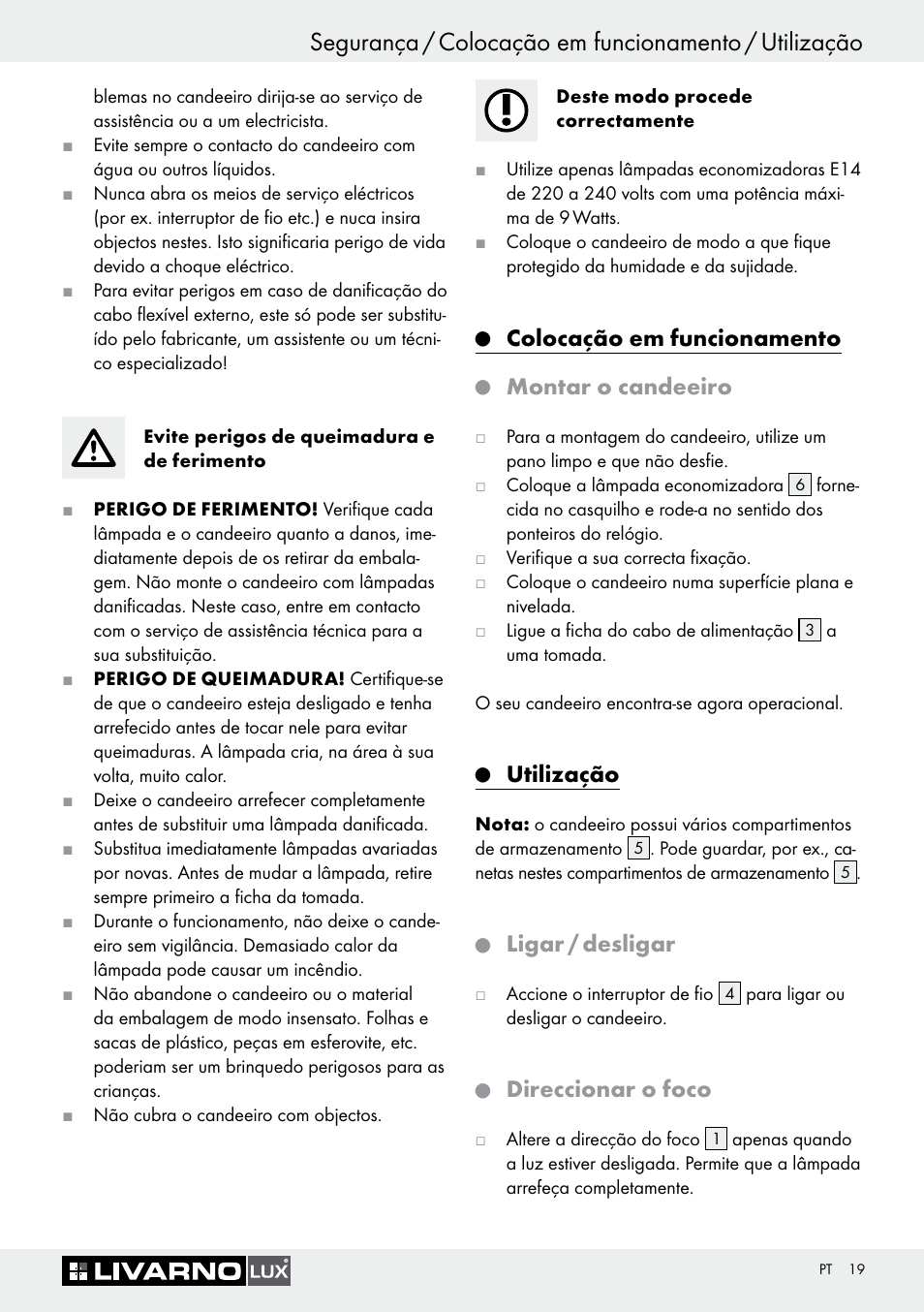 Colocação em funcionamento, Montar o candeeiro, Utilização | Ligar / desligar, Direccionar o foco | Livarno 7594-010L User Manual | Page 19 / 33