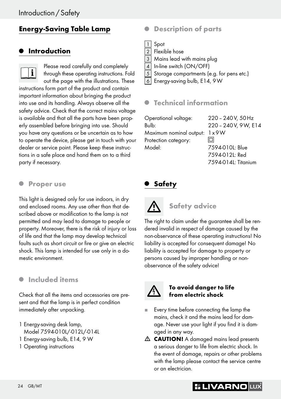 Introduction / safety, Energy-saving table lamp, Introduction | Proper use, Included items, Description of parts, Technical information, Safety, Safety advice | Livarno 7594-010L User Manual | Page 24 / 33