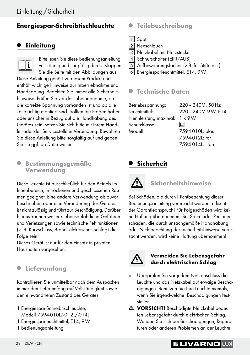 Einleitung / sicherheit, Energiespar-schreibtischleuchte, Einleitung | Bestimmungsgemäße verwendung, Lieferumfang, Teilebeschreibung, Technische daten, Sicherheit, Sicherheitshinweise | Livarno 7594-010L User Manual | Page 28 / 33