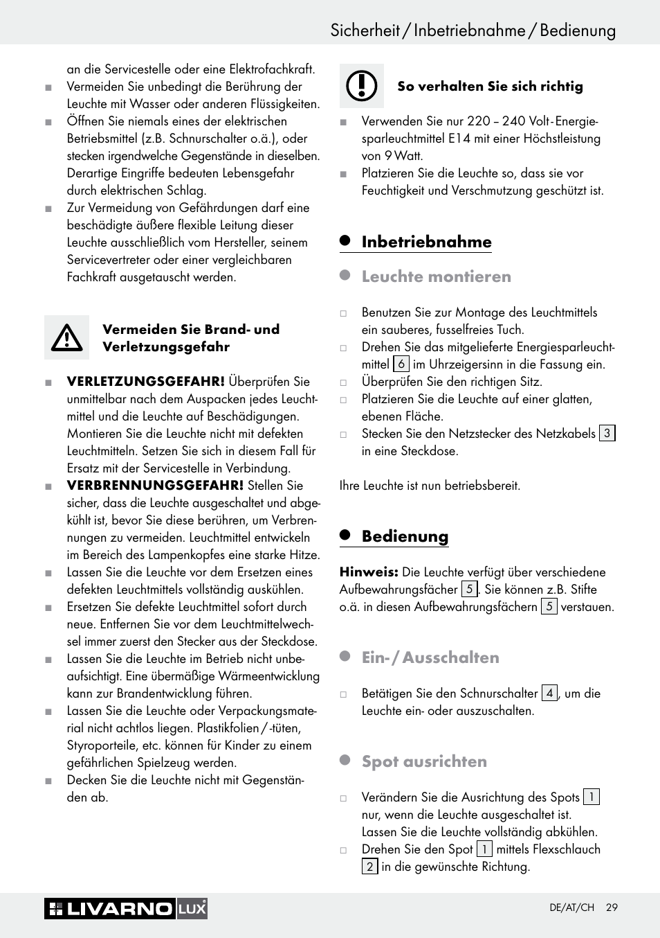 Sicherheit / inbetriebnahme / bedienung, Inbetriebnahme, Leuchte montieren | Bedienung, Ein- / ausschalten, Spot ausrichten | Livarno 7594-010L User Manual | Page 29 / 33