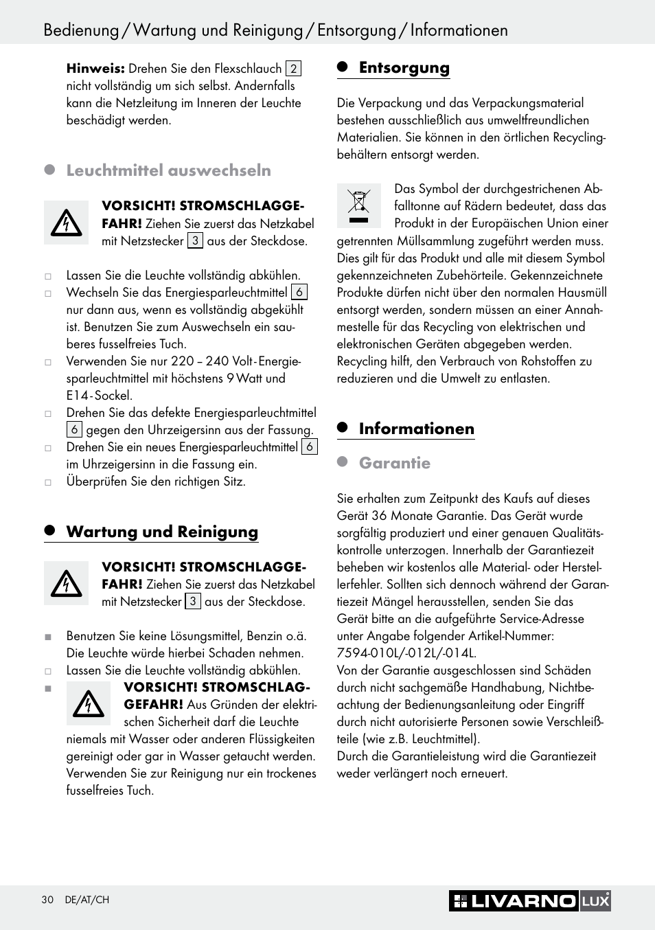 Leuchtmittel auswechseln, Wartung und reinigung, Entsorgung | Informationen, Garantie | Livarno 7594-010L User Manual | Page 30 / 33