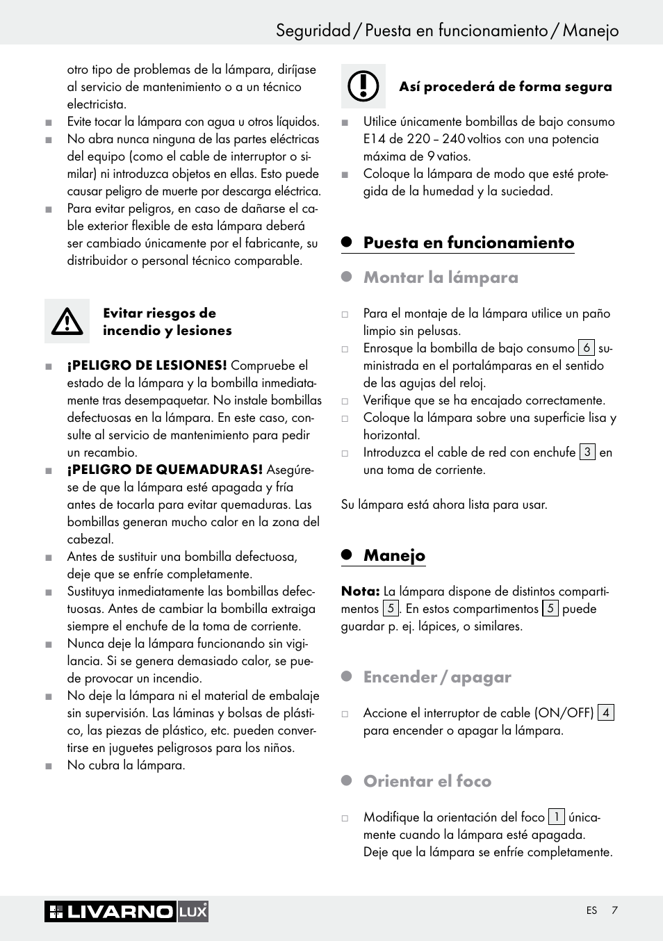 Seguridad / puesta en funcionamiento / manejo, Puesta en funcionamiento, Montar la lámpara | Manejo, Encender / apagar, Orientar el foco | Livarno 7594-010L User Manual | Page 7 / 33
