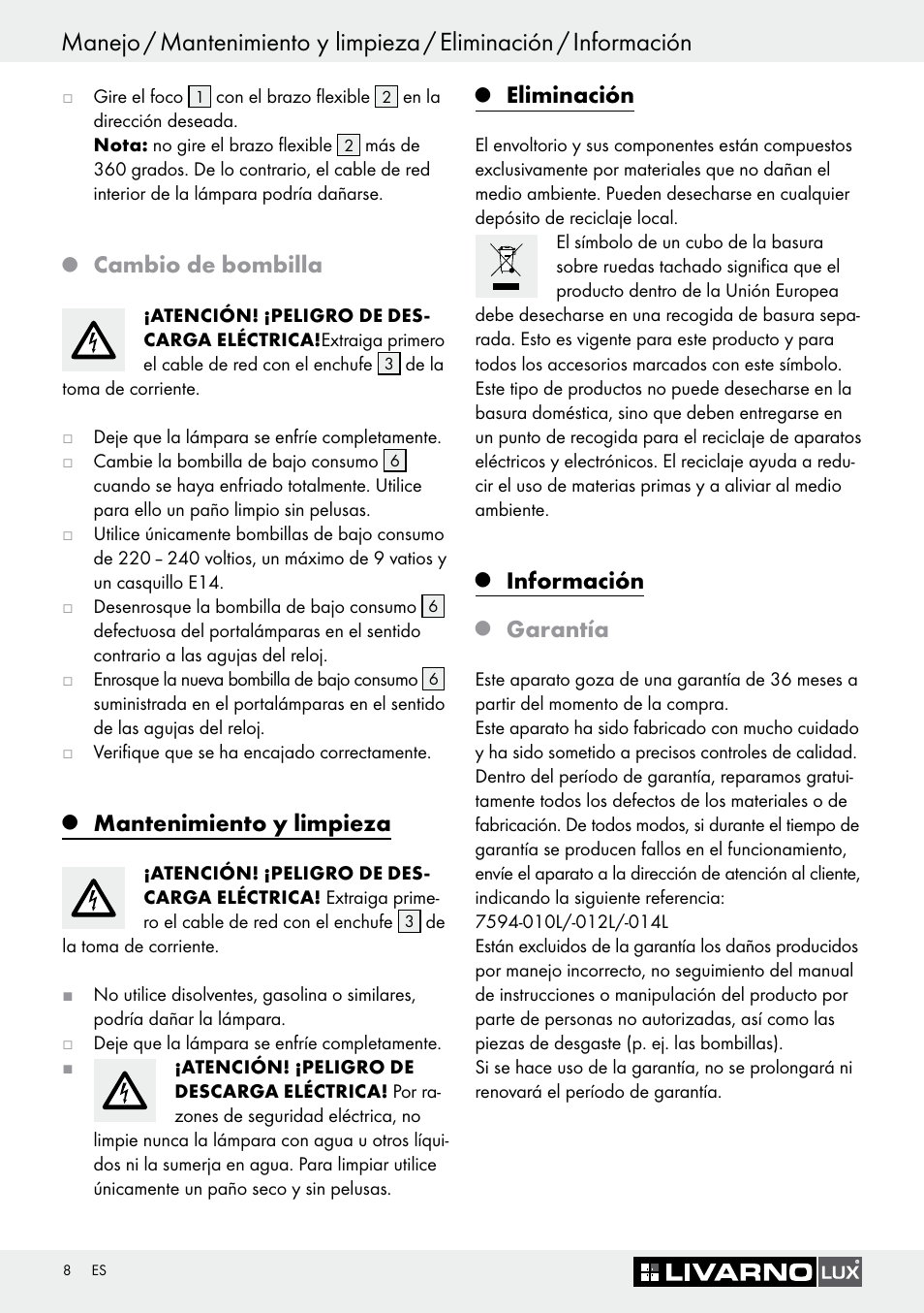 Cambio de bombilla, Mantenimiento y limpieza, Eliminación | Información, Garantía | Livarno 7594-010L User Manual | Page 8 / 33