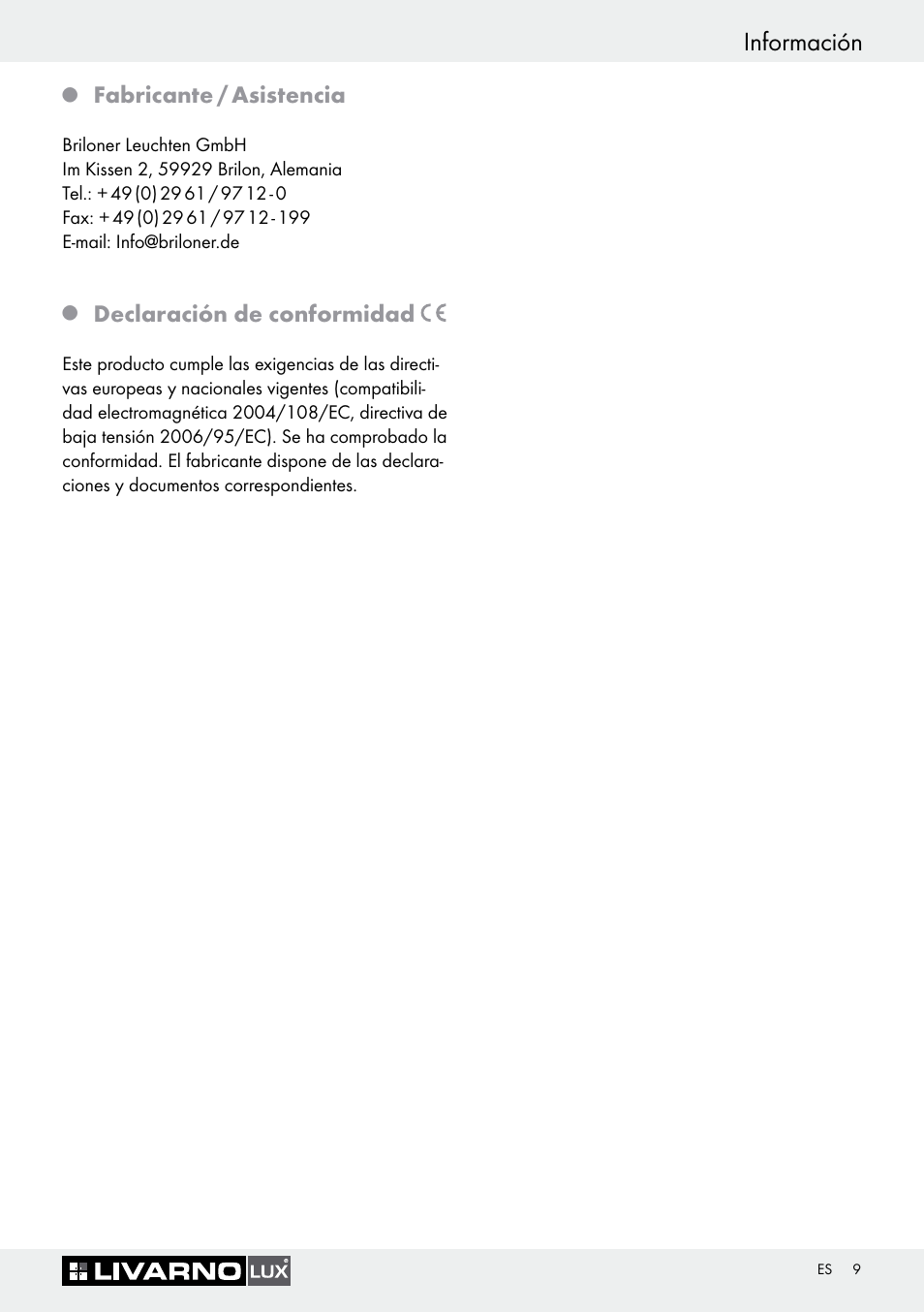 Información, Fabricante / asistencia, Declaración de conformidad | Livarno 7594-010L User Manual | Page 9 / 33